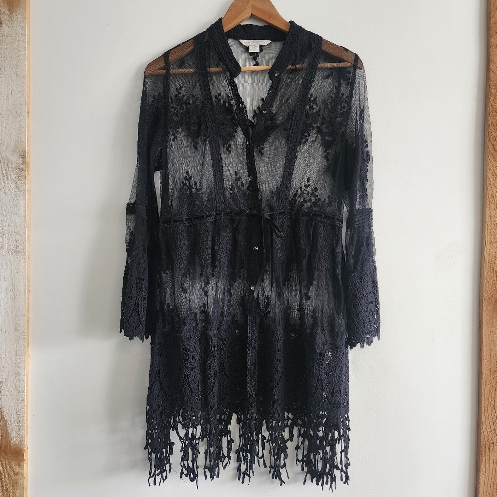 Boston Proper Embroidered Lace Tunic Black Sheer Lace Size M